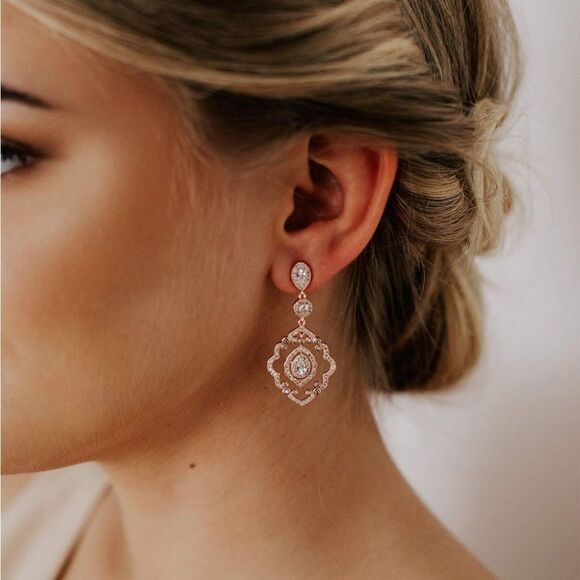 14K Rose Gold with White Diamond CZ Art Deco Chandelier Post Back Drop Earrings - Picture 4 of 6